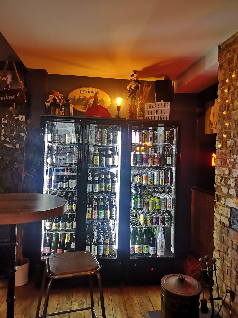 Photo of the beer fridge at Brighton Bierhaus with all the different cans and bottles available